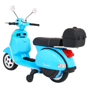 Skuter Vespa elektryczny dla dzieci Niebieski + Kółka pomocnicze + Audio + Ekoskóra + EVA + Wolny Start